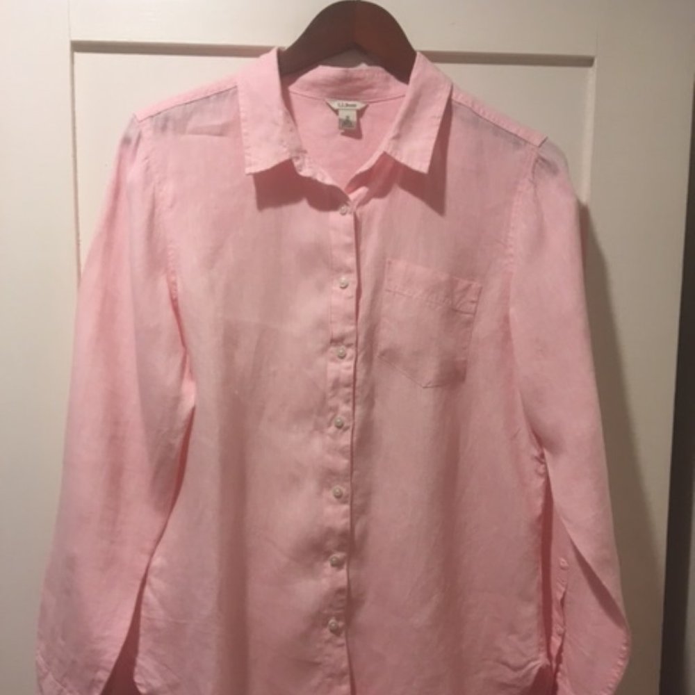 LL Bean, Pink, Long-sleeve Blouse, Linen, Medium